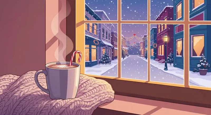 A cozy scene representing the best Lacey Chabert Hallmark movies ranked, with a warm drink and a snowy town view, filename: best-lacey-chabert-hallmark-movies-ranked-bestie-ai.webp