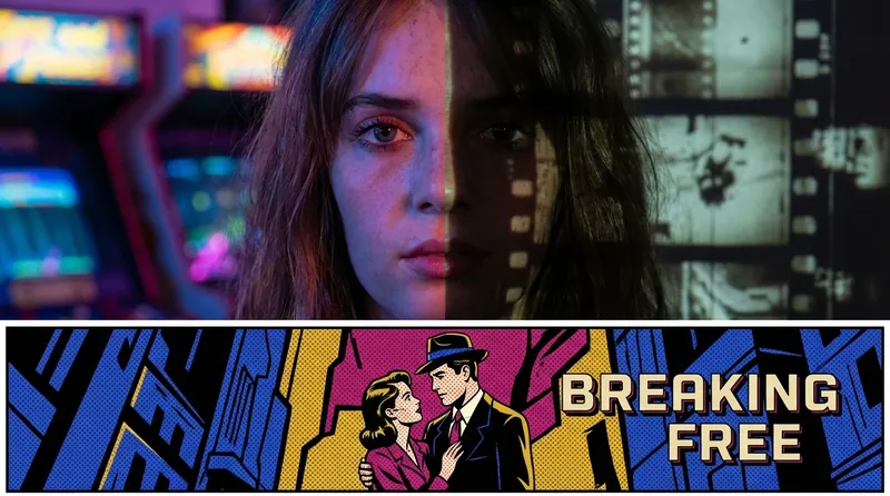 A stylized image representing the best Maya Hawke movies and TV shows, showing her face split between light and shadow to symbolize her diverse acting roles beyond Stranger Things. Filename: best-maya-hawke-movies-and-tv-shows-bestie-ai.webp