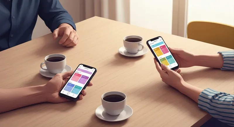 Two people using the best mental load apps for couples to organize their household tasks over coffee. best-mental-load-apps-for-couples-bestie-ai.webp
