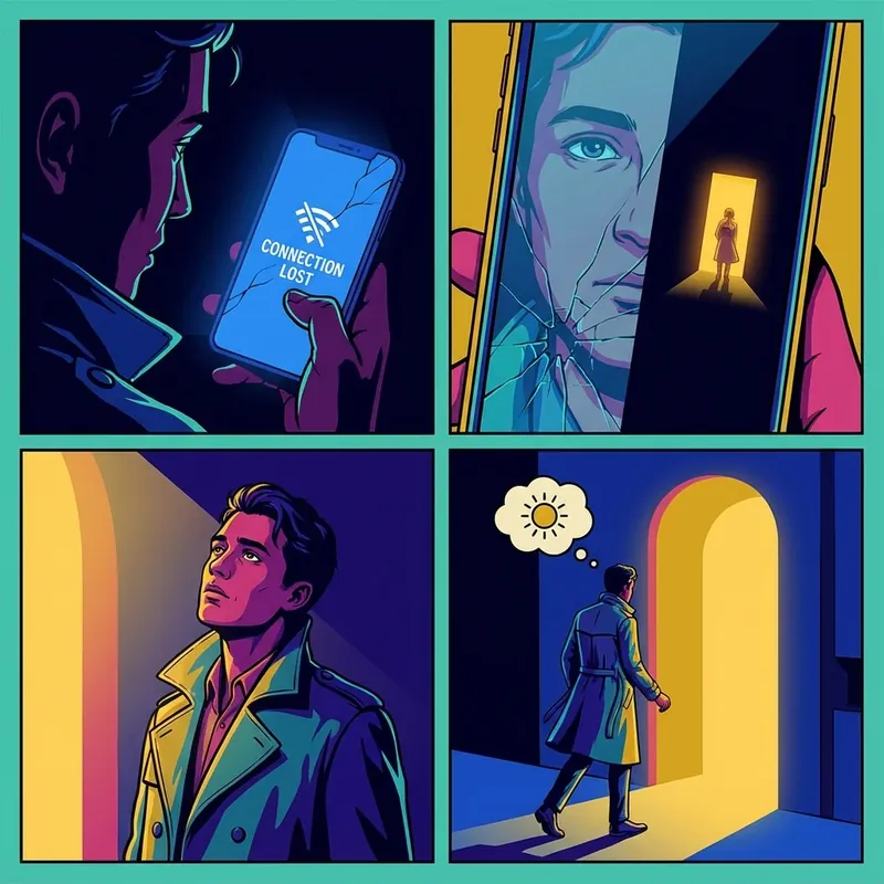 A symbolic image representing the loss felt after the Museland AI shutdown, with a person looking at a broken connection on their phone while a hopeful light suggests new alternatives. best-museland-ai-alternatives-bestie-ai.webp