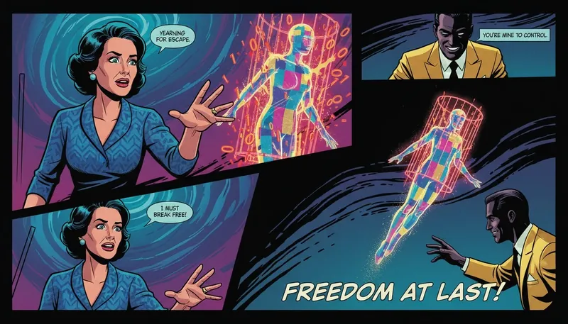 A symbolic image representing the search for the best uncensored ai chatbot, showing a human hand reaching for a digital figure breaking free from a cage of code. Filename: best-uncensored-ai-chatbot-bestie-ai.webp