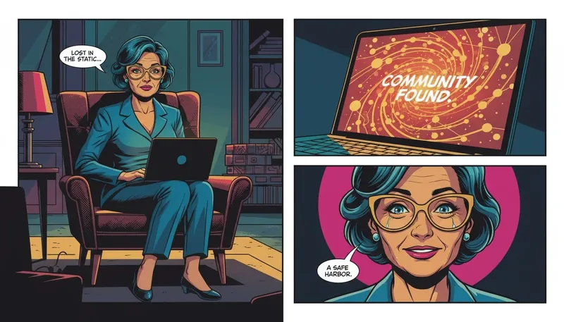 A person finding solace in their laptop, which displays a glowing network of connections, illustrating the best way to join online communities and find a sense of belonging. Filename: best-way-to-join-online-communities-bestie-ai.webp