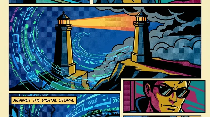 A lighthouse representing one of the best ways to handle online criticism by standing strong and centered amidst a digital storm of comments. Filename: best-ways-to-handle-online-criticism-bestie-ai.webp