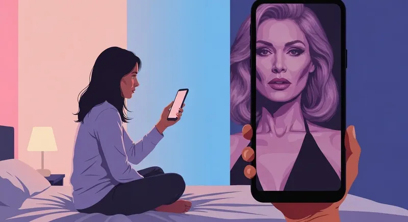 A woman feeling insecure due to her boyfriend's obsession with a celebrity, symbolized by a celebrity's image overlaying her own reflection. boyfriend-obsessed-with-celebrity-makes-me-insecure-bestie-ai.webp