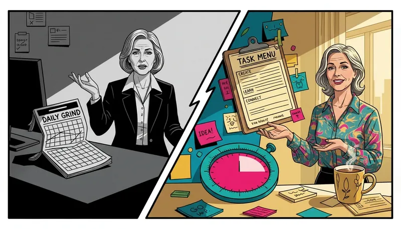 A visual representation of building a routine with ADHD, showing a flexible, colorful task menu replacing a rigid, discarded planner, symbolizing a more compassionate approach to productivity. filename: building-a-routine-with-adhd-bestie-ai.webp