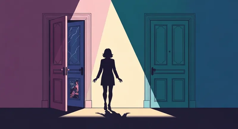 A symbolic representation of Cardi B relationship patterns, where a woman faces a choice between a familiar chaotic relationship and an unknown future. Filename: cardi-b-relationship-patterns-bestie-ai.webp