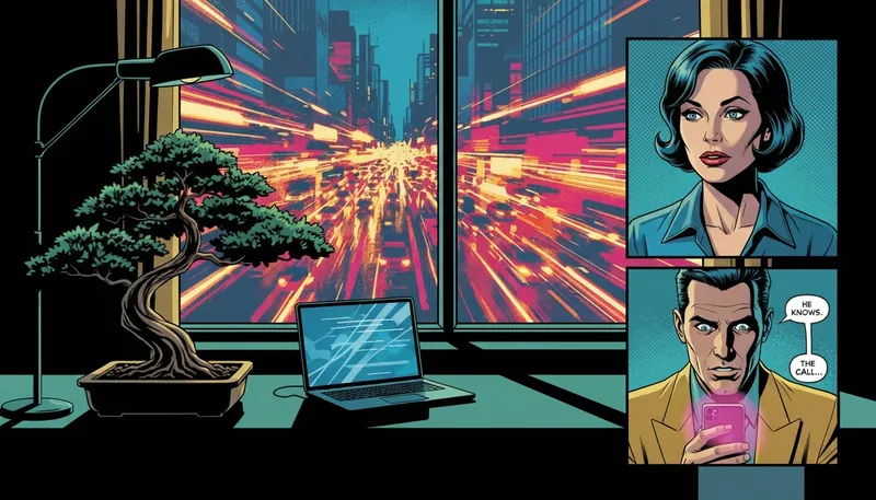 A serene workspace illustrates effective career advice for introverted personality types, showing a calm desk with a bonsai tree set against a blurry, chaotic city, symbolizing focus and strength. filename: career-advice-for-introverted-personality-types-bestie-ai.webp