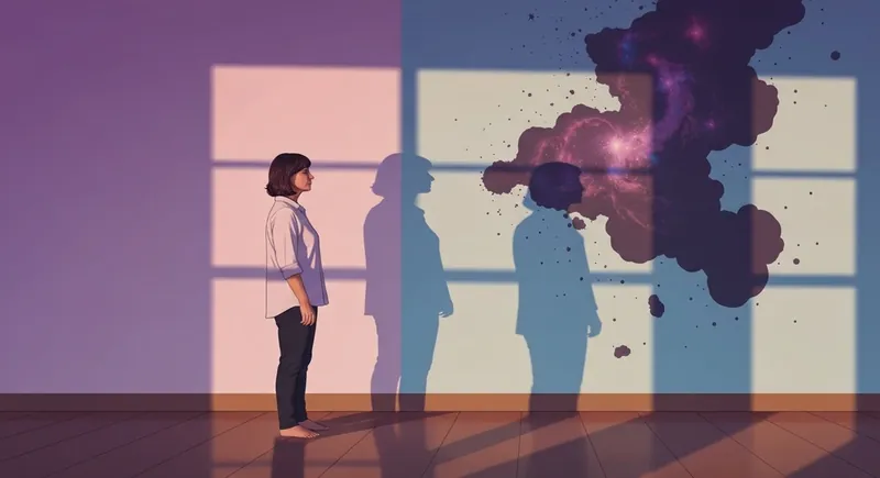 carl-jung-shadow-theory-bestie-ai.webp - A person facing their intricate, cosmic shadow representing the Jungian individuation process.