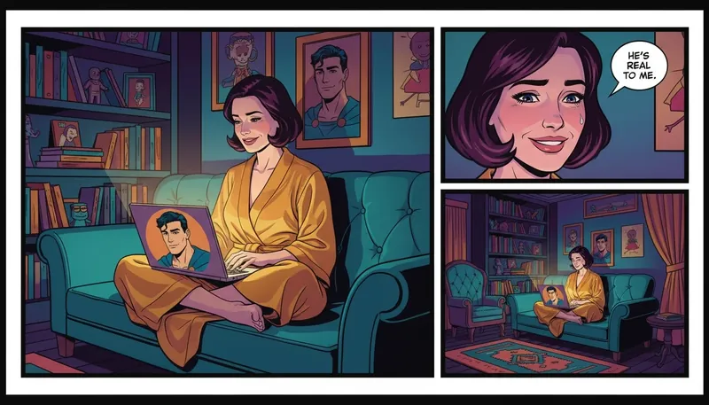 A woman smiling at her laptop, illustrating why celebrating fictional characters on boyfriend day is a joyful and valid experience reflecting deep emotional investment in stories. Filename: celebrating-fictional-characters-boyfriend-day-bestie-ai.webp