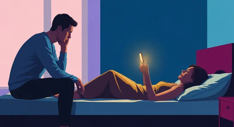 A person feeling isolated as their partner's attention is consumed by their phone, illustrating the emotional conflict of a celebrity crush vs emotional infidelity. filename: celebrity-crush-vs-emotional-infidelity-bestie-ai.webp