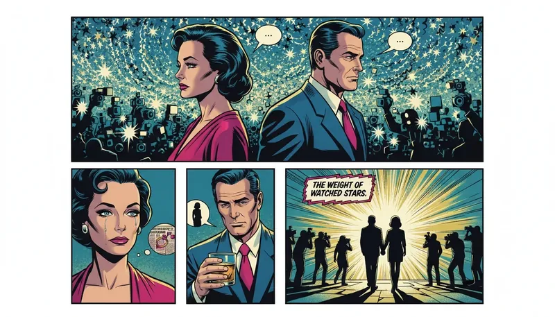 An illustration depicting the celebrity relationship pressures faced by couples like Ana de Armas and her boyfriend, showing them looking distant amidst a sea of camera flashes. filename: celebrity-relationship-pressures-bestie-ai.webp