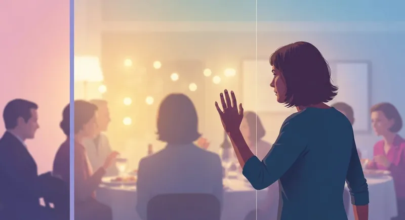 A person looking through a frosted glass wall at a warm gathering, illustrating childhood emotional neglect trust issues and the feeling of social isolation. childhood-emotional-neglect-trust-issues-bestie-ai.webp