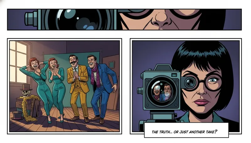 A vintage camera captures the unique, improvisational Christopher Guest mockumentary style, showing actors in a moment of genuine, character-driven humor. Filename: christopher-guest-mockumentary-style-bestie-ai.webp