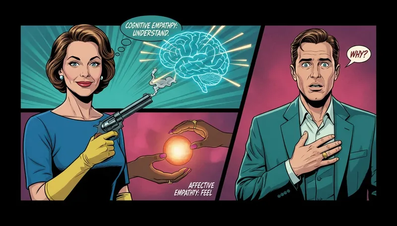 An image illustrating the concept of cognitive empathy vs affective empathy, showing a logical brain schematic on one side and a comforting human connection on the other. filename: cognitive-empathy-vs-affective-empathy-guide-bestie-ai.webp