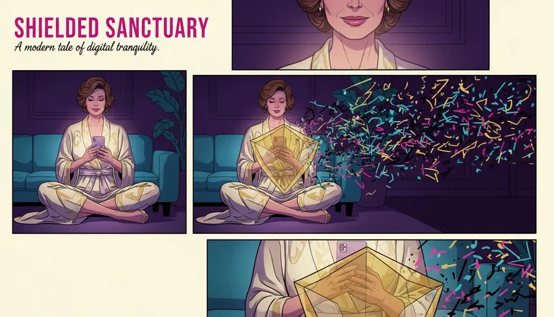 A woman practicing emotional resilience while coping with online harassment and criticism, depicted as a protective shield against digital noise. coping-with-online-harassment-and-criticism-bestie-ai.webp