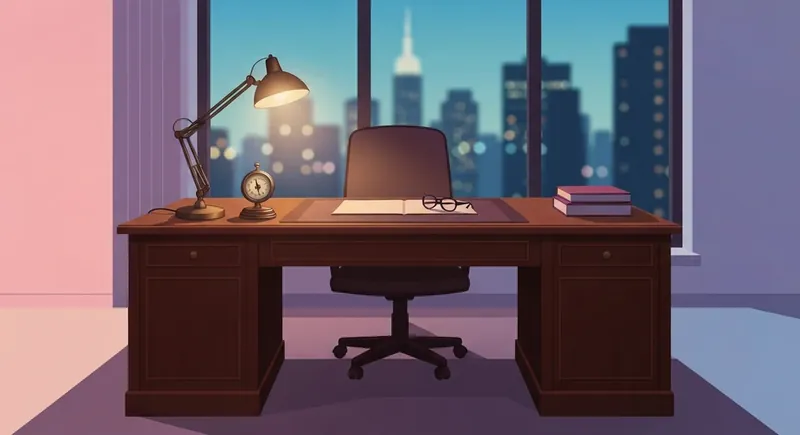 A symbolic representation of coping with the death of a professional mentor like Lou Gerstner, featuring an empty executive office and a compass. coping-death-professional-mentor-bestie-ai.webp