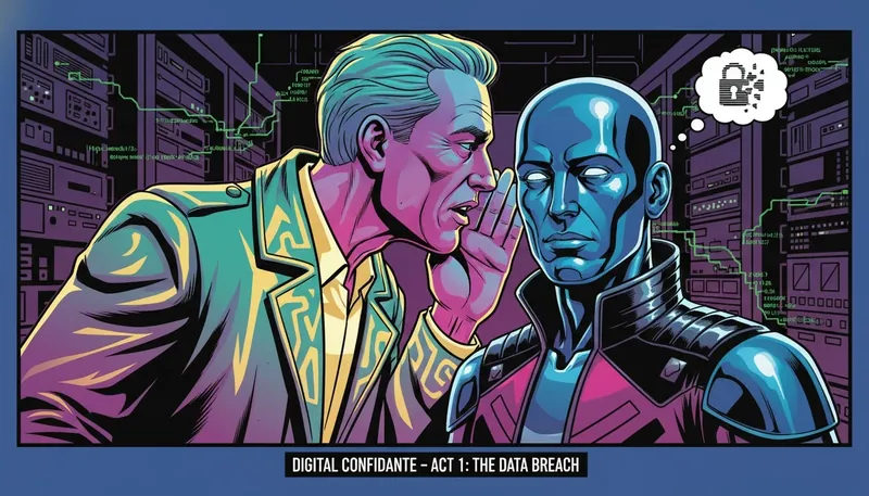 A person shares a secret with an android, illustrating the hidden dangers of unfiltered ai chatbots and data privacy. Filename: dangers-of-unfiltered-ai-chatbots-bestie-ai.webp