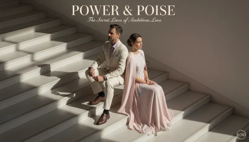 Two powerful figures standing back-to-back, representing the internal conflicts and complex challenges of dating power couple dynamics in high-achiever relationships. filename: dating-power-couple-dynamics-bestie-ai.webp