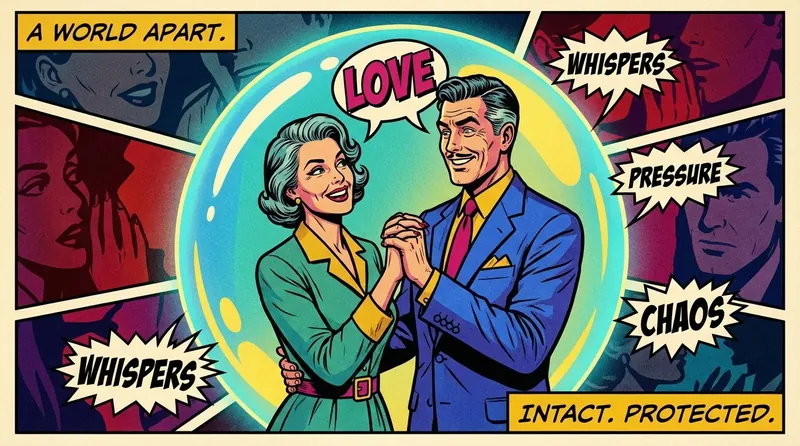 A couple finds peace inside a protective bubble, a visual metaphor for the emotional safety needed when dealing with relationship criticism from others. Filename: dealing-with-relationship-criticism-from-others-bestie-ai.webp