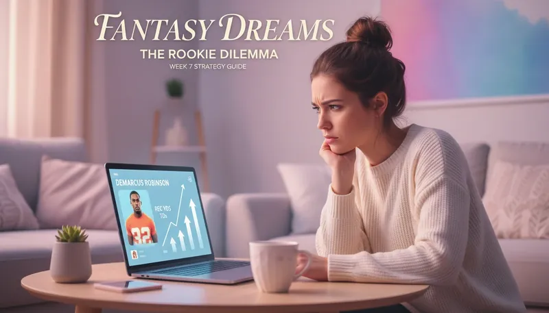 A fantasy football manager considering whether to add wide receiver Demarcus Robinson to their roster, illustrating the strategic decision-making process. Filename: demarcus-robinson-fantasy-football-bestie-ai.webp
