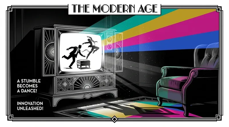 A stylized image illustrating the Dick Van Dyke influence on comedy, showing a classic TV set from which a silhouette of a man tripping gracefully emerges, symbolizing his revolutionary impact on television. Filename: dick-van-dyke-influence-on-comedy-bestie-ai.webp