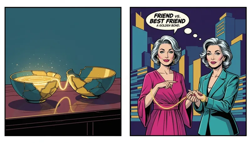 A symbolic image illustrating the difference between friend and best friend, represented by two Japanese kintsugi bowls connected by a luminous golden thread of trust and reciprocity. Filename: difference-between-friend-and-best-friend-bestie-ai.webp