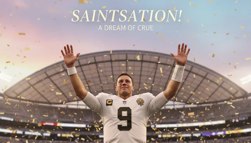 The legacy of Drew Brees encapsulated in his Super Bowl XLIV MVP performance, arms raised in victory for the New Orleans Saints. Filename: drew-brees-bestie-ai.webp
