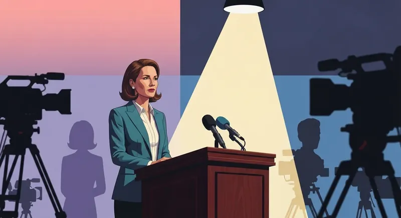 tricia-mclaughlin-effective-public-affairs-communication-bestie-ai.webp. A spokesperson demonstrating effective public affairs communication under high pressure at a government podium.