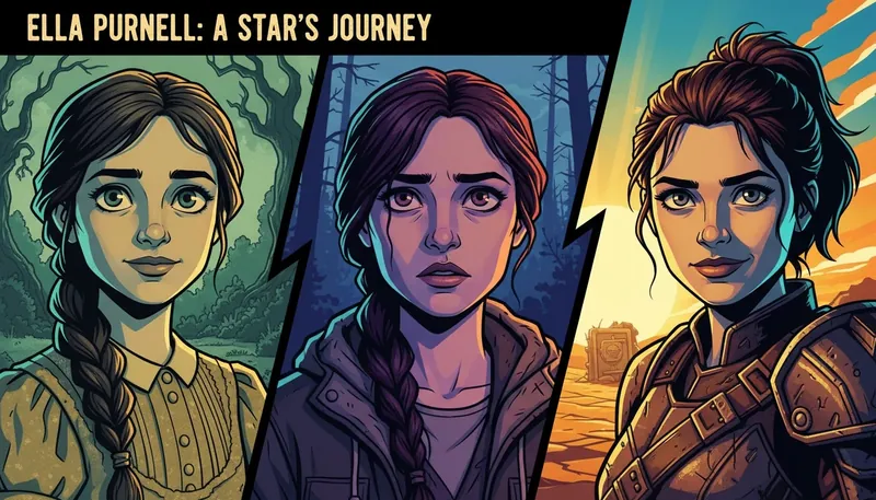 An artistic collage showing Ella Purnell's career evolution, a key theme in this Ella Purnell filmography guide, from early roles to her iconic characters in Yellowjackets and Fallout. filename: ella-purnell-filmography-guide-bestie-ai.webp