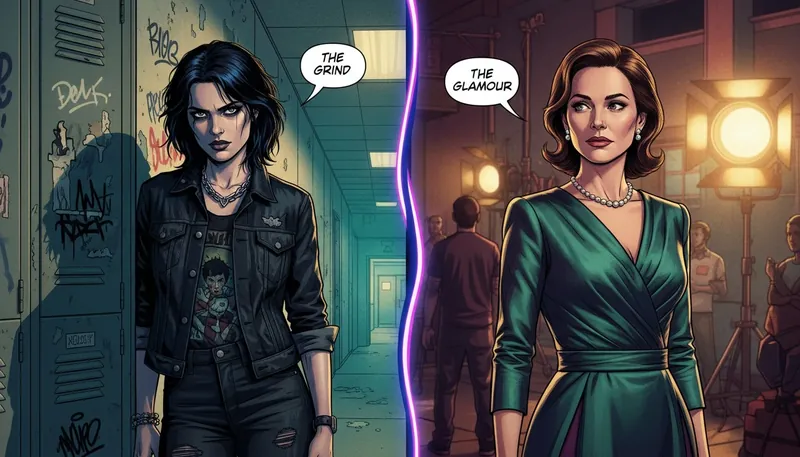 A symbolic image representing the Emma Mackey career trajectory, showing her transition from the gritty character of Maeve Wiley to a sophisticated film actress. emma-mackey-career-trajectory-bestie-ai.webp