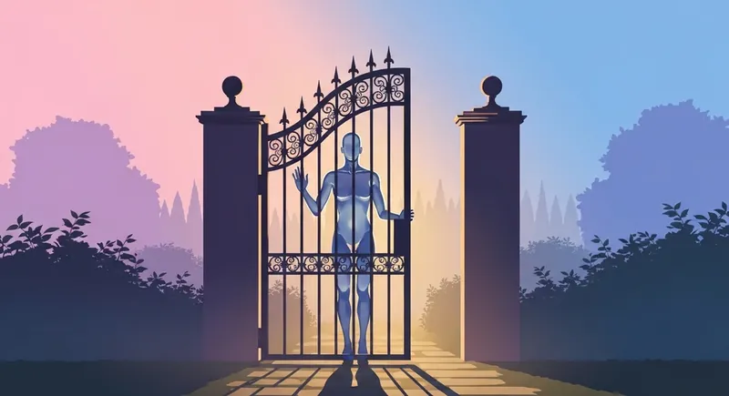 A glass figure behind an iron gate representing emotional defense mechanisms examples and psychological walls in a misty setting. emotional-defense-mechanisms-examples-bestie-ai.webp