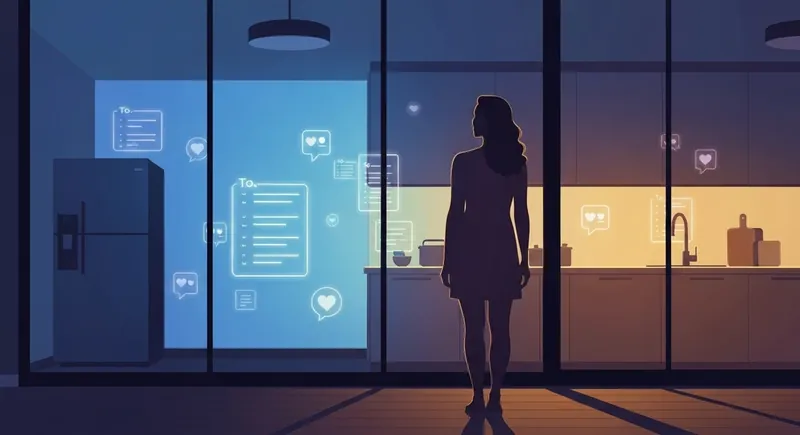 A woman reflecting on emotional labor vs mental load in a dimly lit kitchen with symbolic icons of invisible labor-bestie-ai.webp