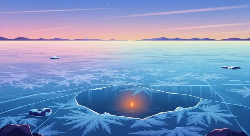 A symbolic representation of emotional numbness trauma freeze showing a glowing ember trapped beneath thick lake ice.