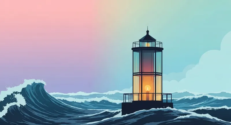 A glass lighthouse glowing with golden light amidst a dark storm, representing emotional safety in relationships and building relationship security.