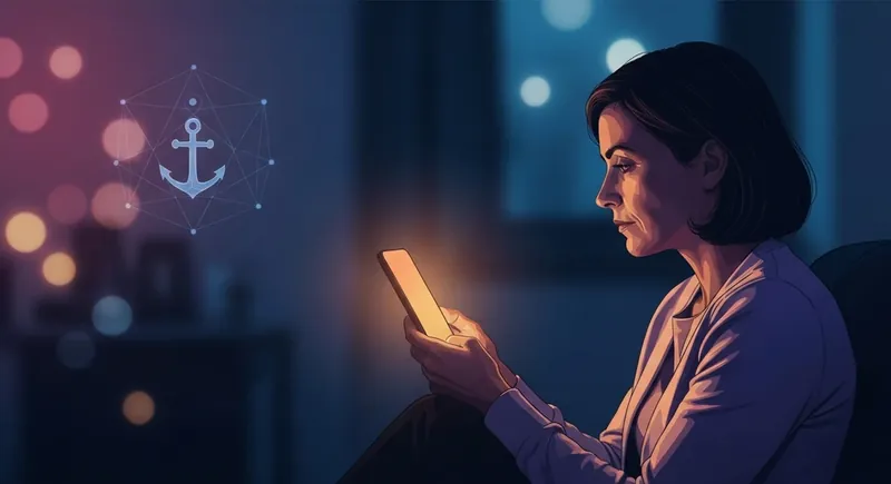 A person receiving emotional support for attachment anxiety through a glowing digital mental health app at night. emotional-support-for-attachment-anxiety-bestie-ai.webp