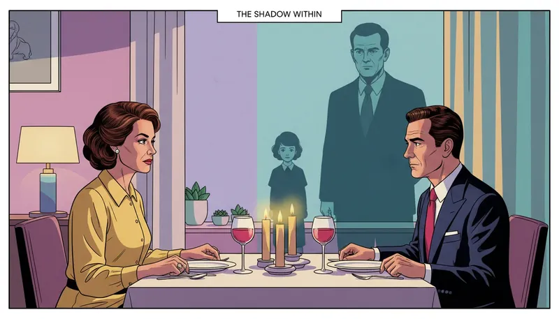 A visual metaphor for emotional transference in relationships showing a couple shadowed by figures from their childhood. emotional-transference-in-relationships-bestie-ai.webp