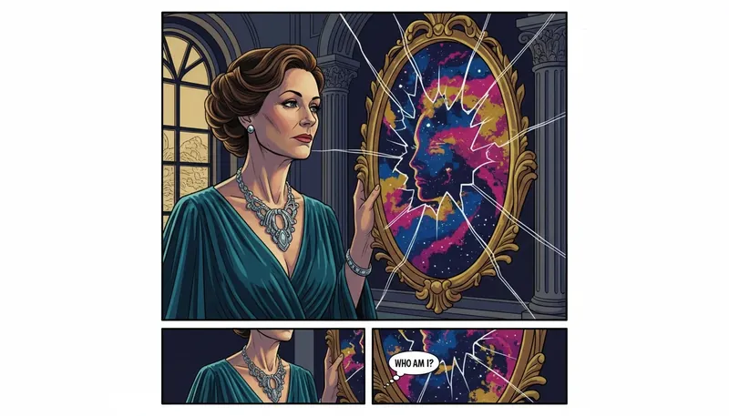 A symbolic image representing the inner world of an Individualist, where a person's reflection is a beautiful galaxy, illustrating the core concepts in our article where the Enneagram Type 4 is explained. Filename: enneagram-type-4-explained-bestie-ai.webp