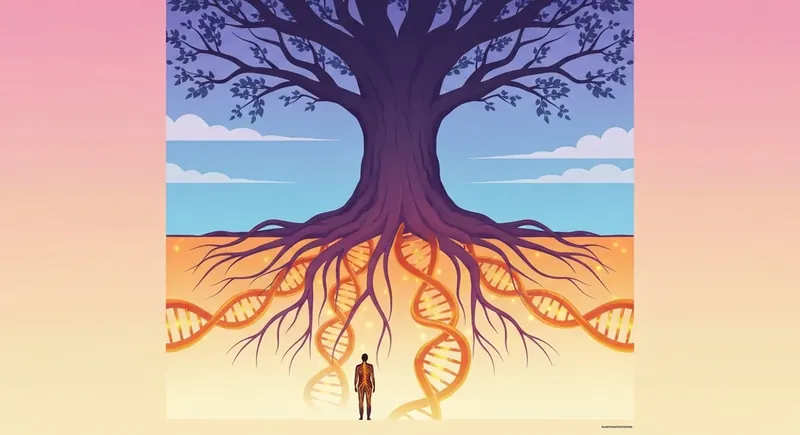 A visual representation of the epigenetics of generational trauma showing glowing DNA strands connecting a person to their ancestral roots-bestie-ai.webp
