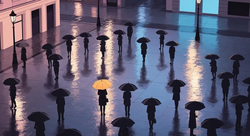 A single yellow umbrella in a crowd of black, illustrating the difficult choice to act and the psychology of the bystander effect, as discussed by Erin Molan. filename: psychology-of-bystander-effect-erin-molan-bestie-ai.webp