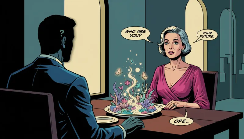 A visual metaphor for escapism in relationships psychology showing a vibrant fantasy garden appearing on a cold, desolate dinner table.