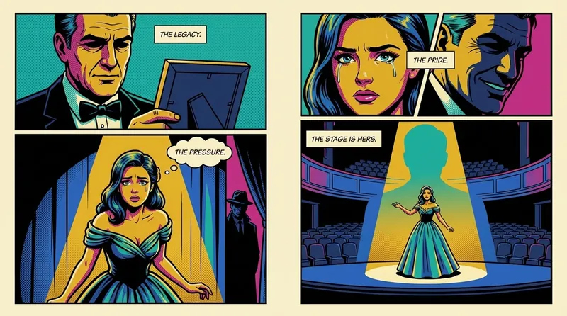 A symbolic image representing the Ethan Hawke Maya Hawke relationship, showing a young actress on stage with the proud silhouette of her father in the background, illustrating the father's influence on his daughter's career. Filename: ethan-hawke-maya-hawke-relationship-bestie-ai.webp