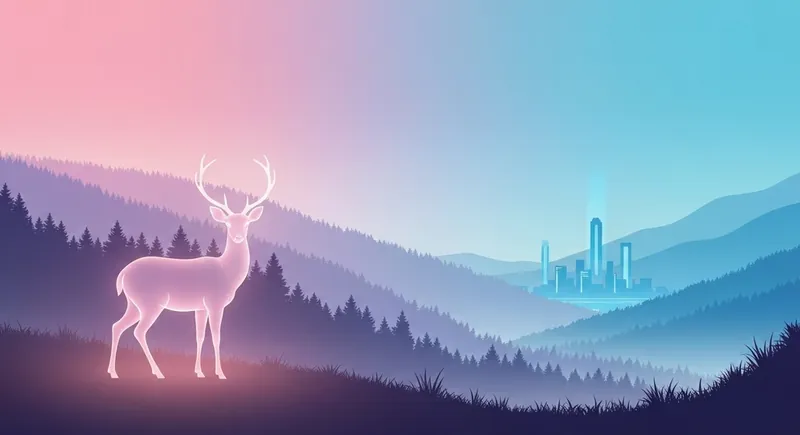 A symbolic representation of the evolutionary benefit of high sensitivity showing a luminous deer as an ancestral watchman overlooking a modern city-bestie-ai.webp