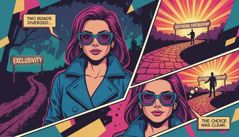 A symbolic image representing the exclusive vs boyfriend commitment level, showing two distinct paths forward in a relationship to illustrate the choice between stages. filename: exclusive-vs-boyfriend-commitment-level-bestie-ai.webp