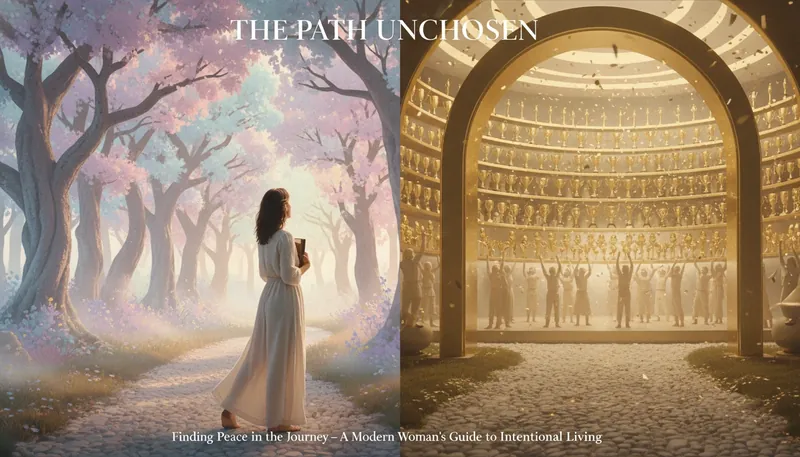 A person choosing a serene inner path over a hall of trophies, a powerful visual metaphor for extrinsic vs intrinsic motivation. Filename: extrinsic-vs-intrinsic-motivation-bestie-ai.webp