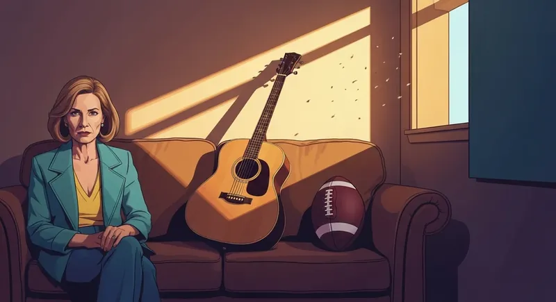 An image symbolizing famous country music power couples, featuring a guitar and football to represent the partnership of Lainey Wilson and boyfriend Devlin Hodges. famous-country-music-power-couples-lainey-wilson.webp