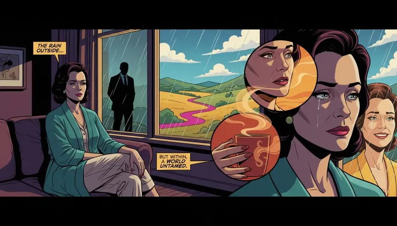 A woman looking out a window, her reflection showing a sunny landscape, symbolizing the act of fantasizing about someone else while in a relationship and exploring unmet needs. filename: fantasizing-about-someone-else-while-in-a-relationship-bestie-ai.webp