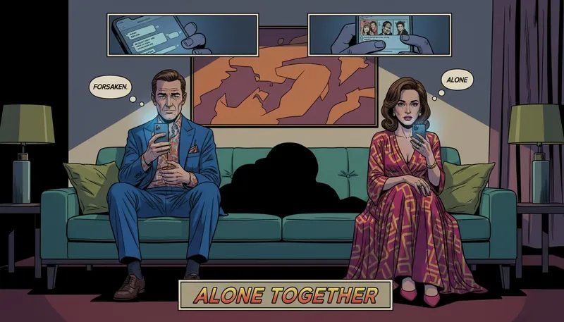 Two people on a couch, separated by a vast empty space, illustrating the painful experience of feeling forsaken in a marriage despite being physically together. filename: feeling-forsaken-in-a-marriage-bestie-ai.webp