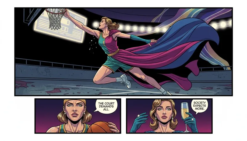 A symbolic image exploring female athletes and femininity stereotypes, showing a woman who is half athlete, half elegant figure, representing the power of a multifaceted identity. file: female-athletes-and-femininity-stereotypes-bestie-ai.webp