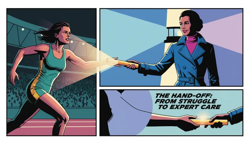 finding-the-right-therapist-for-you-bestie-ai.webp: A symbolic representation of a person finding the right therapist for you by handing over an emotional baton in a relay.