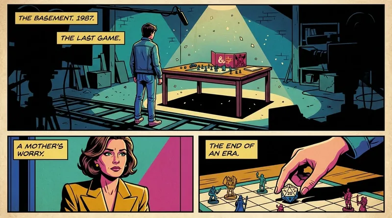 A symbolic image representing Finn Wolfhard filming the final scene of Stranger Things, showing a lone figure in an empty 80s basement set, conveying a feeling of nostalgic closure. Filename: finn-wolfhard-last-stranger-things-scene-bestie-ai.webp